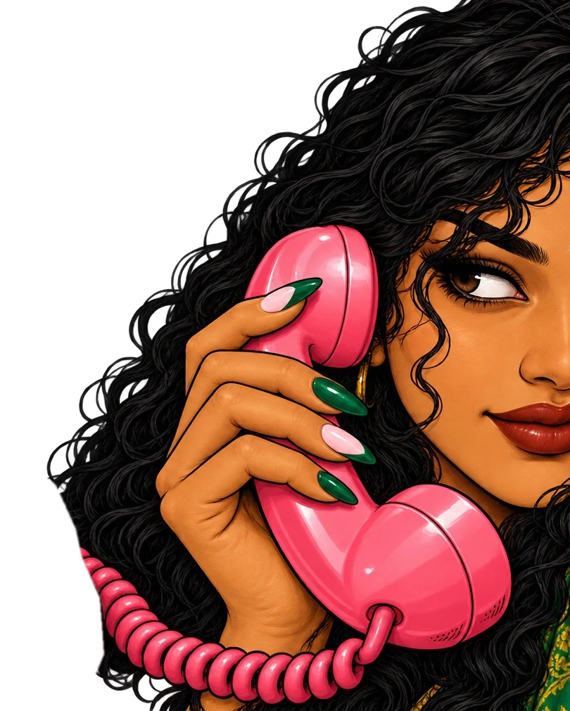 Illustration: a woman on a pink rotary phone, receiver at her ear, nails emerald and blush with green tips.