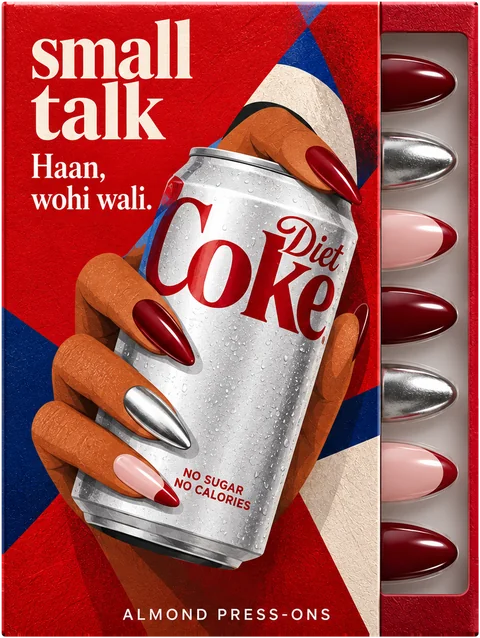 Diet Cherry press-on nail box by Small Talk, illustrated front, with deep red, silver and red-tipped blush nails in the tray.