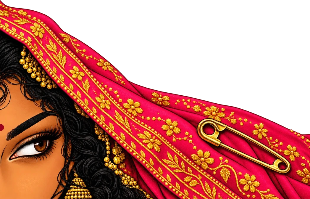 Illustration: an eye peeking out from under a red and gold dupatta, with a gold safety pin on it.