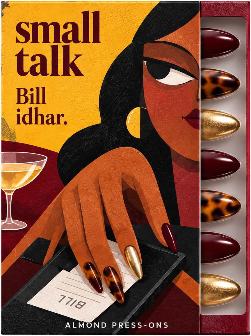 On Me press-on nail box by Small Talk, illustrated front, with burgundy, tortoiseshell and gold nails in the tray.