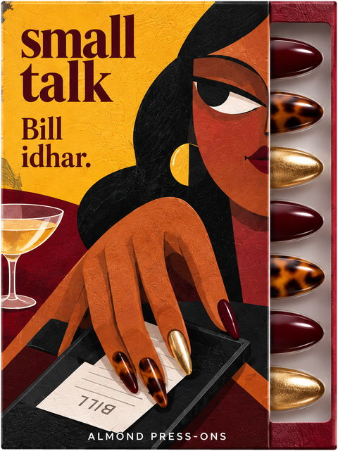 On Me press-on nail box by Small Talk, illustrated front, with burgundy, tortoiseshell and gold nails in the tray.