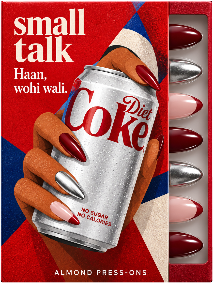 Diet Cherry press-on nail box by Small Talk, illustrated front, with deep red, silver and red-tipped blush nails in the tray.