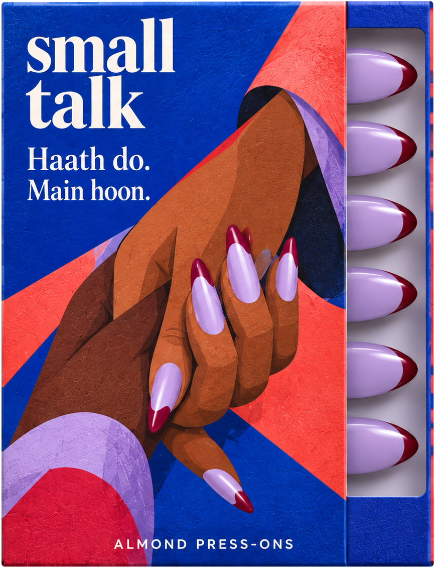 Pinky Promise press-on nail box by Small Talk, illustrated front, with lilac nails with deep burgundy tips in the tray.