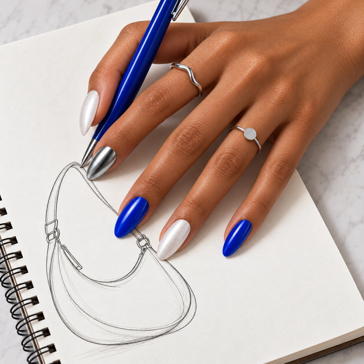 A hand in Brainwave nails holding a blue pen over a sketch of a crescent-shaped bag.