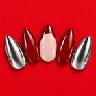 Diet Cherry press-on nails fanned out on red: deep red, silver, and blush with a red tip.