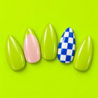 Wild Card press-on nails fanned out on lime: lime, blush with a lime tip, and blue-and-white checks.