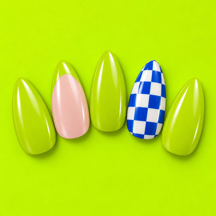 Wild Card press-on nails fanned out on lime: lime, blush with a lime tip, and blue-and-white checks.