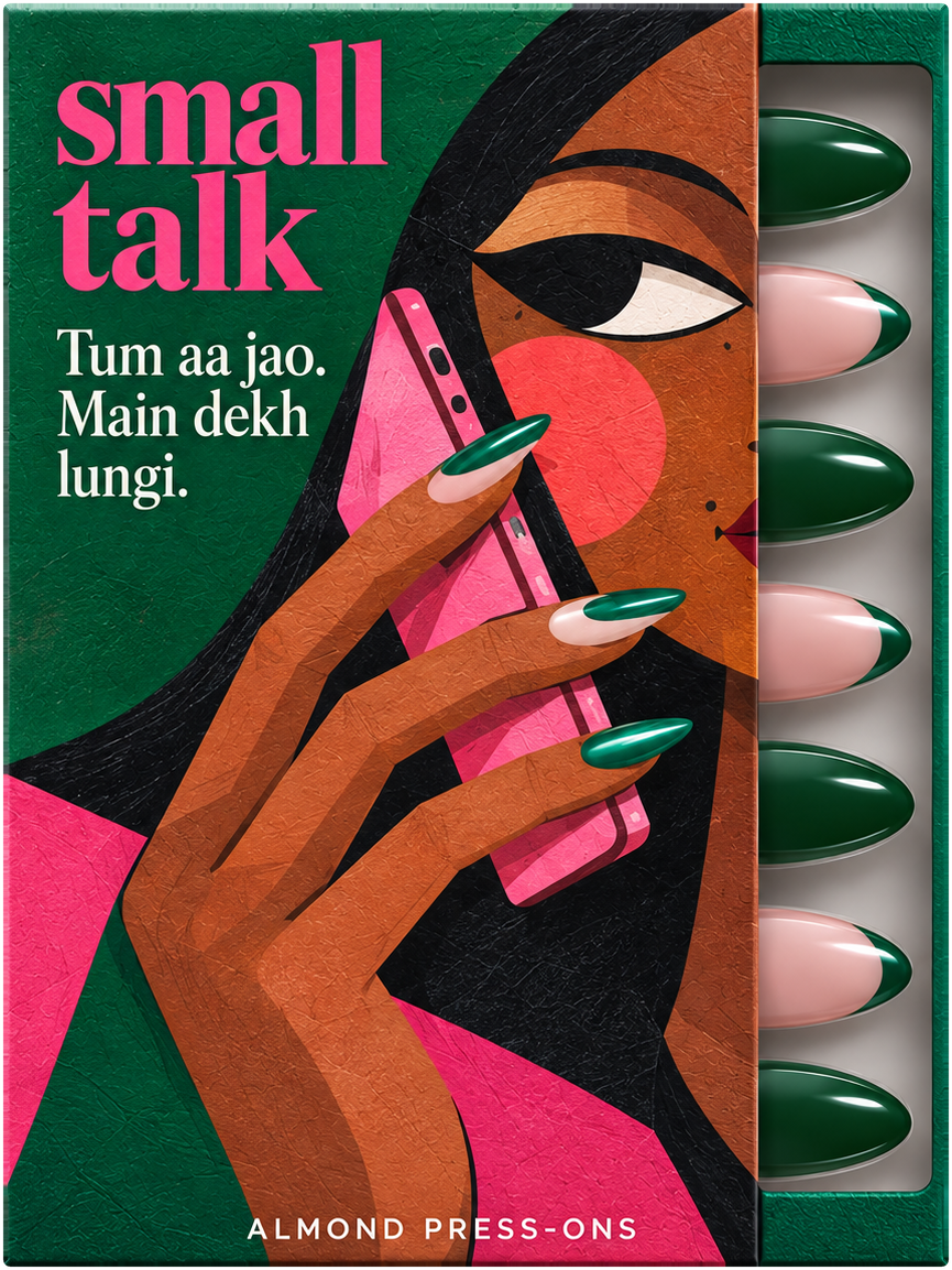 Green Flag press-on nail box by Small Talk, illustrated front, with emerald and green-tipped blush nails in the tray.