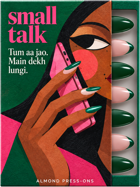 Green Flag press-on nail box by Small Talk, illustrated front, with emerald and green-tipped blush nails in the tray.