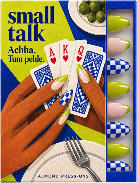 Wild Card press-on nail box by Small Talk, illustrated front, with lime, blush and blue-and-white checked nails in the tray.