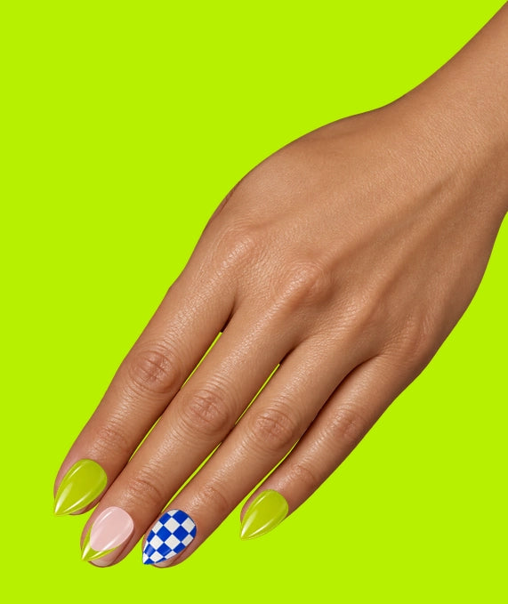 Illustration: a hand on acid lime wearing the Wild Card set: lime and blush nails, one with blue-and-white checks.
